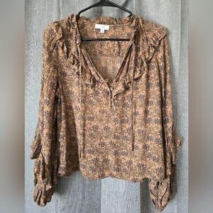 A Love A Brown Floral Ruffle Blouse Long Sleeve V Neck XS Boho
